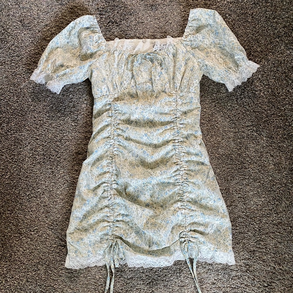 Square Neck Puff Sleeve Ruched Mini Dress